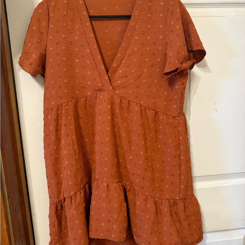 Rust Orange Textured V-Neck Dress